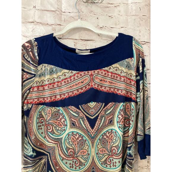 Gilli Dress Womens Medium Shift Navy Blue Paisley Long Sleeve Boat Neck Stretch - Picture 6 of 13